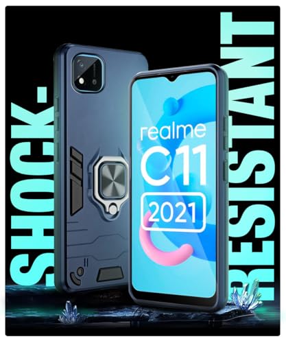 Image of WOW IMAGINE Shock Proof Back Case Mobile Cover for Realme C11 2021 | C20 Back Cover Case (Tough Armor | Hybrid PC + TPU | Ring Holder & in-Built Kickstand | Blue)