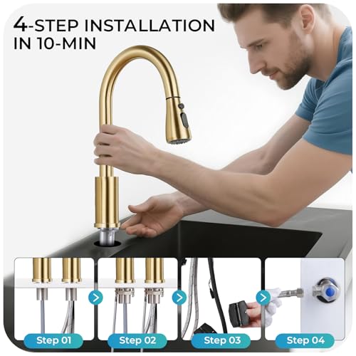 Image of Pull Down Kitchen Faucet 2 Hole - Brushed Gold Single Handle Kitchen Faucets, High Arc Stainless Steel Pull Out Kitchen Sink Faucet for RV Laundry Farmhouse Bar