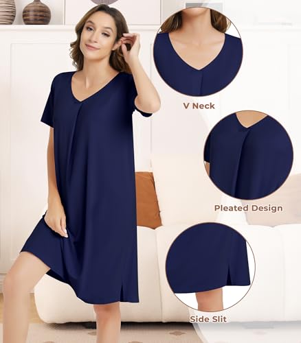 Image of NACHILA Nightgowns for Women-Viscose Made from Bamboo,Short Sleeve Nightshirts V Neck Sleep Shirt Loose Sleep Dress