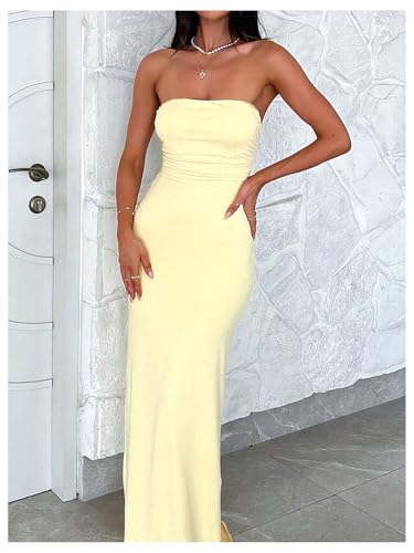 Floerns Women's Backless Lace Up Tube Top Dresses Ruched Formal Bodycon Long Dress4