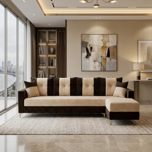 Image of Cavishq 5 Seater L Shape Sofa Set with Movable Ottoman | Flexible Layout | Luxury Velvet Suede Fabric | Modern Living Room Sofa | Dark Brown-Cream