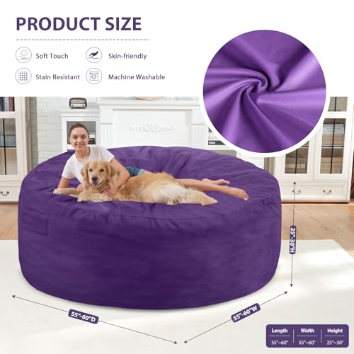 6FT Bean Bag Chair, Large Bean Bag Chairs with Memory Foam Filled, Fluffy Beanbag Sofa with Dutch Velvet Cover, Round BeanBag Chairs for Living Room, Playroom - Purple