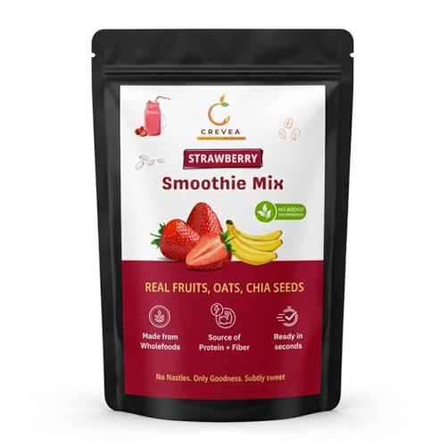 Image of Crevea Strawberry Smoothie Mix (Serves 7-8) | Real Fruit, Oats, Chia & Brown Rice Protein | Breakfast & Healthy Snack Drink | Not too sweet | Source of Protein & Fiber | No Added Preservatives | Healthy Shake | 210g