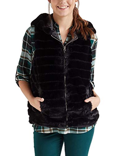 Women's Hooded Vest Faux Fur Full Zipper Side Pockets, Black Large