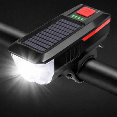 USB ve Güneş Enerjili Şarjlı Bisiklet Ön Lambası, Yüksek Parlaklık LED, Dahili Lityum Pil, Enerji Göstergeli, Sesli Uyarılı, Ön Gidon Montajlı