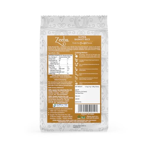 Image of Zeeba Super Basmati Rice 1.2 Kg, Fluffy & Naturally Aromatic, Gluten Free Fine Grains (Cooked length upto 23mm*) (Pack of 2)