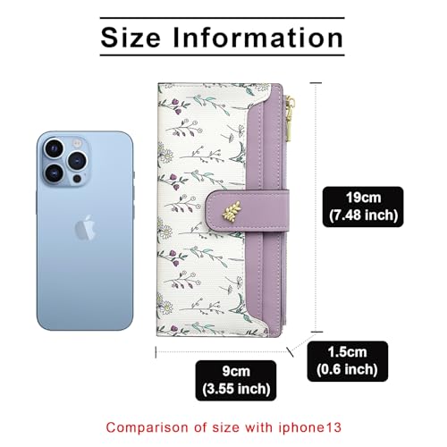 Image of Small Wallets for Women Leather Bifold Zipper Pocket Wallet Cute Flower Credit Card Holder Coin Purse with ID Window