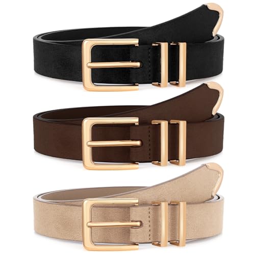 Image of XZQTIVE 3 Pack Women Belts For Jeans Dresses Pants Ladies Leather Waist Belt with Gold Buckle