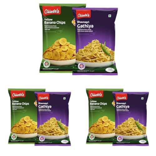 Image of Chheda's - Yellow Banana Chips (350 Gm) and Bhavnagri Gathiya (300 Gm) | Banana Wafers | Indian Namkeen | Tasty Snacks | Ready to Eat - Combo Pack (Pack of 3)