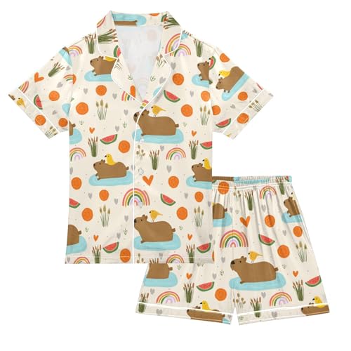 senya Cute Capybara with Birds Satin Summer Pajama Sets Silk Short Sleeve Button Down Sleepwear