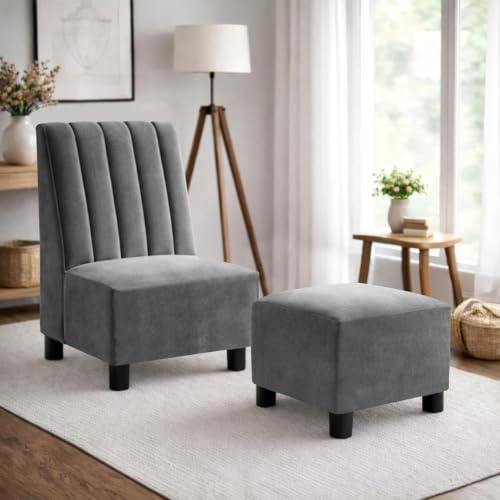 Image of Rosebell Sofa Set with Ottoman Combo 1 Seater Sofa Set with Matching Footrest for Living Room & Bedroom-Office - Grey
