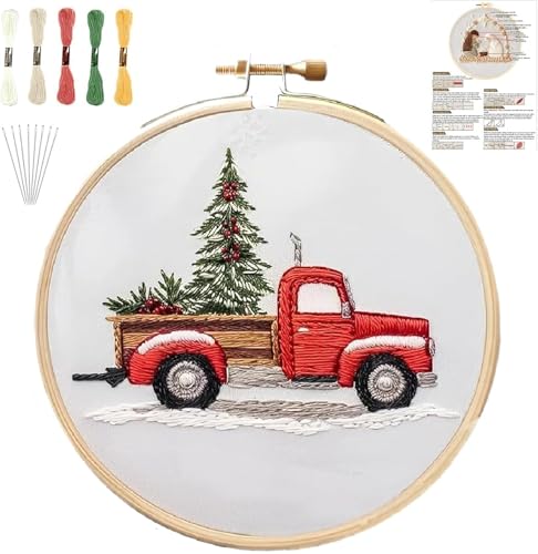 Image of YOUDRN Christmas Embroidery Kits,Christmas Truck Embroidery Kits for Adults,Embroidery Kit for Beginners with Pattern,Cotton Threads,Needles,Instruction,20cm Hoop,for Decor Home Room (Truck)