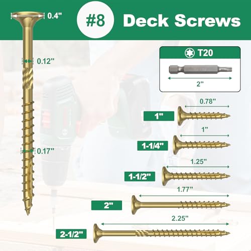 Image of #8 x 2 inch Deck Screws, 2000Pcs Star Drive Wood Screws, Rust Resistant Timber Screws for Timber /Log /Landscaping Wood, T20 Star Bit Included, Gold