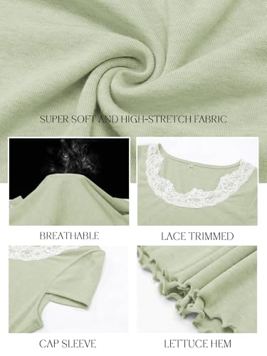 Image of Outfeel Women's Lace Trim Scoop Neck Cap Sleeve Cropped Tee, Soft Stretch Slim Fit Coquette Balletcore Summer Going Out Top