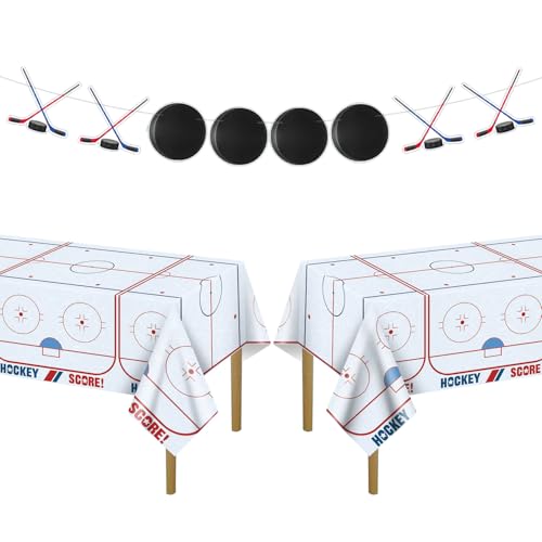 PIXHOTUL 3 Pieces Hockey Theme Party Decors Include Plastic Hockey Tablecloths Elements Banners Decors for Kids Birthday Party, Sports Game Day