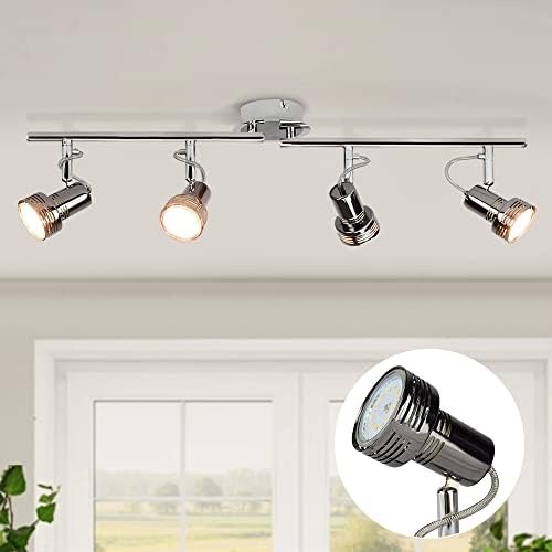 LED Ceiling Rotatable Spotlights 4 Swiveling Heads, Chrome Finish Ceiling Light, 4 x 3 W 3000K Warm White, Adjustable Straight Rod Kitchen Lights for Bedroom, Living Room(Bulbs Included)