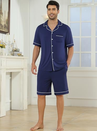 Image of Veseacky Men's Button Down Pajama Set Short Sleeve Shorts Modal Soft Sleepwear Loungewear Pjs with Pockets S-XXL