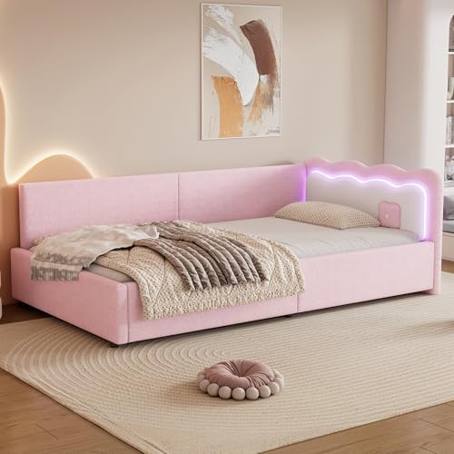 Moimhear Sofá cama, cama de día, sofá cama, 90 x 200 cm, iluminación ambiental con mando a distancia, somier de láminas (colchón no incluido), terciopelo, rosa