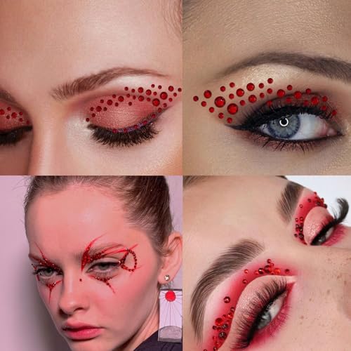 Image of NOOEPC Red Face Gems Hair Gems, Self-Adhesive Face Jewels Eye Jewels Rhinestones 3 /4 /5 /6 mm DIY Face Gems Stick on, Rhinestones Gems Rave Accessories for Face Eyes