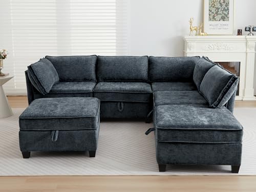 Image of ORRD Corner Modular Sectional Sofa Set, Convertible L Shaped Couch with Storage, 6 Seater Sofa Modular with Ottomans and Reversible Chaise for Living Room, Office (Blue Grey)