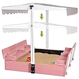 Kids Wooden Outdoor Sandbox w/Canopy, 2 Foldable Bench Seats, Retractable Roof Sand Protection Liner...