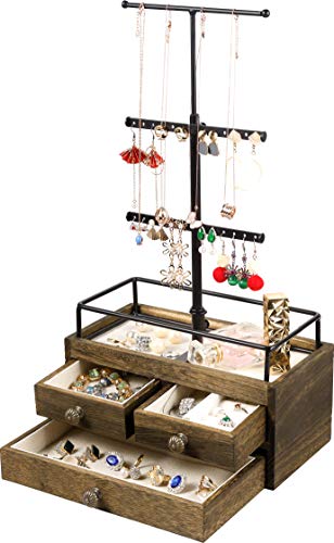 Jewelry Organizer Tower with Double-Layer Wooden Drawer Storage Box - 3 Tier Jewelry Stand for Necklaces, Bracelet, Earrings & Ring Jewelry Tree Jewelry Stand Organizer Metal & Wood Jewelry Organizer Tower with Double-Layer Wooden Drawer Storage Box - 3 Tier Jewelry Stand for Necklaces, Bracelet, Earrings & Ring Jewelry Tree Jewelry Stand Organizer Metal & Wood