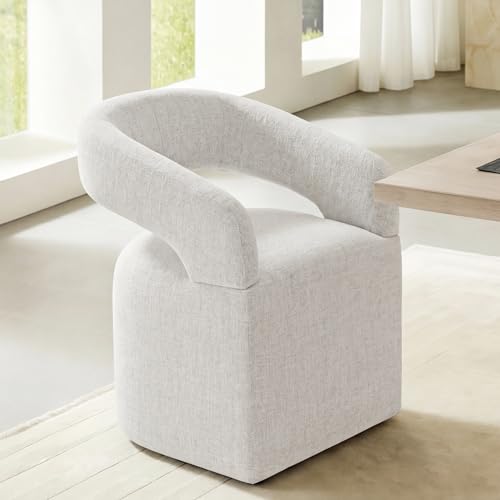 Image of KISLOT Upholstered Dining Chairs Set of 1, Modern Arm Kitchen & Dining Room Chairs with Hidden Casters, Linen Fabric Padded Rolling Chairs, Sturdy Wood Frame, 300 lbs Capacity, Beige