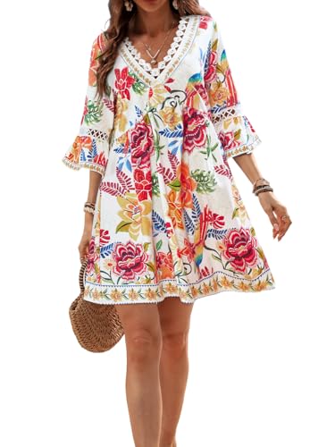 CUPSHE Women V Neck Lace Trim Mini Summer Dress Cover Up 3/4 Sleeve Ruffled Cuff Casual Sundress Beach Dresses Cover Ups