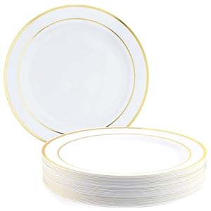 MATANA 25 Platos de Plástico Blanco Premium con Borde Dorado, 26cm – Elegantes, Resistentes y Reutilizables – Bodas, Cumpleaños, Bautizos, Navidad, Barbacoas, Fiestas