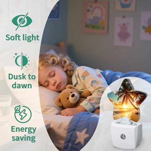 Image of Sunset Beach Plug in Star Night Light, Night Light with Sensor for Kids Nursery Bedroom, Decorative Soft Glow Lamp for Hallway Bathroom, Energy Saving