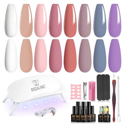 ROSALIND Kit Uñas Semipermanentes con UV LED Lámpara, Mini 8+2 PCS Esmaltes Semipermanentes Kit de Inicio, 8 Colores Blanco Rosa Azul Morado Soak off Pintauñas Gel Set