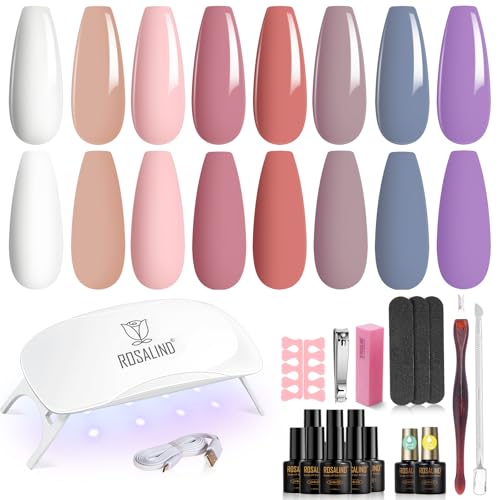 ROSALIND Kit Vernis Semi Permanent avec UV LED Lampe, 8+2 PCS Blanc Rose Bleu Violet Vernis Gel Nail Art Manucure Semi Permanent Démarrage Kit