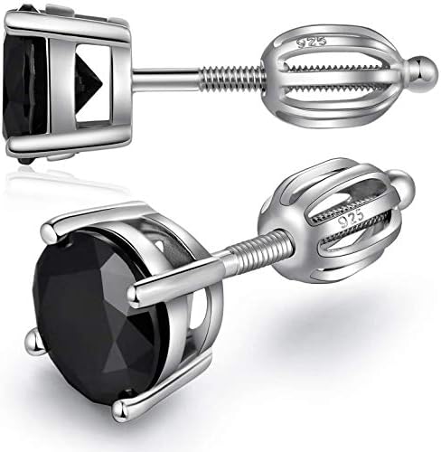 Jiahanzb 18K White Gold Plated 925 Sterling Silver Simulated Diamond Sparkly Screw Round Stud Earrings 5-8mm Silver and Black Color