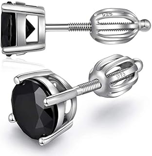 Jiahanzb 18K White Gold Plated 925 Sterling Silver Simulated Diamond Sparkly Screw Round Stud Earrings 5-8mm Silver and Black Color