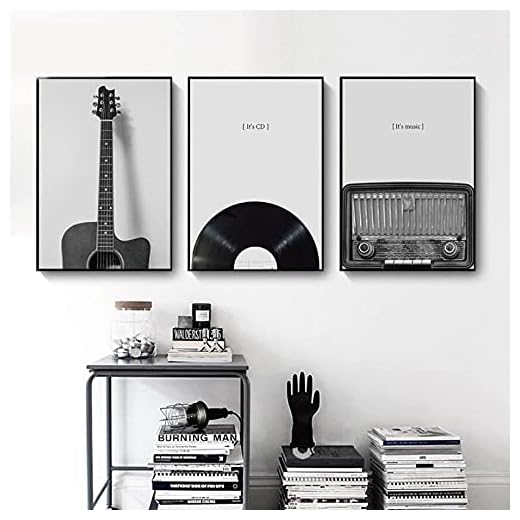 Guitarra en blanco y negro Radio Pintura Lienzo Instrumentos musicales Imágenes artísticas de pared para la sala de estar Decoración de la pared del hogar sin marco-40x60cmx3