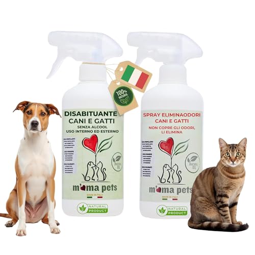 M' MA PETS Kit Disabituante Vegetale e Spray Elimina Odori per Cani e Gatti, Made in Italy - Repellente Spray Anti Urina e Eliminaodori - Uso Interno ed Esterno, 2x500ml