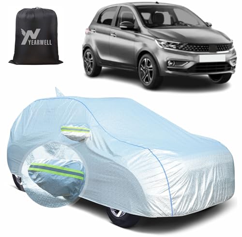 Image of Car Body Cover for Tata Tiago, 100% Waterproof, Heat-Resistant with Mirror & Antenna Pockets, Soft Cotton Lining, Triple Stitched, Piping & Reflector (Reflective Silver)
