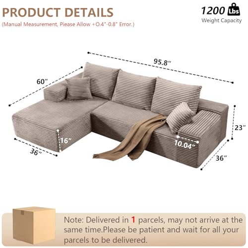 Image of 96 inch Modular Sectional Sofa, Modern Corduroy Cloud Couch with Deep Seat, Boneless Couch Upholstered 3-Seater L-Shaped Sofa for Living Room, No Assembly Required (Camel, Left-Facing Chaise)