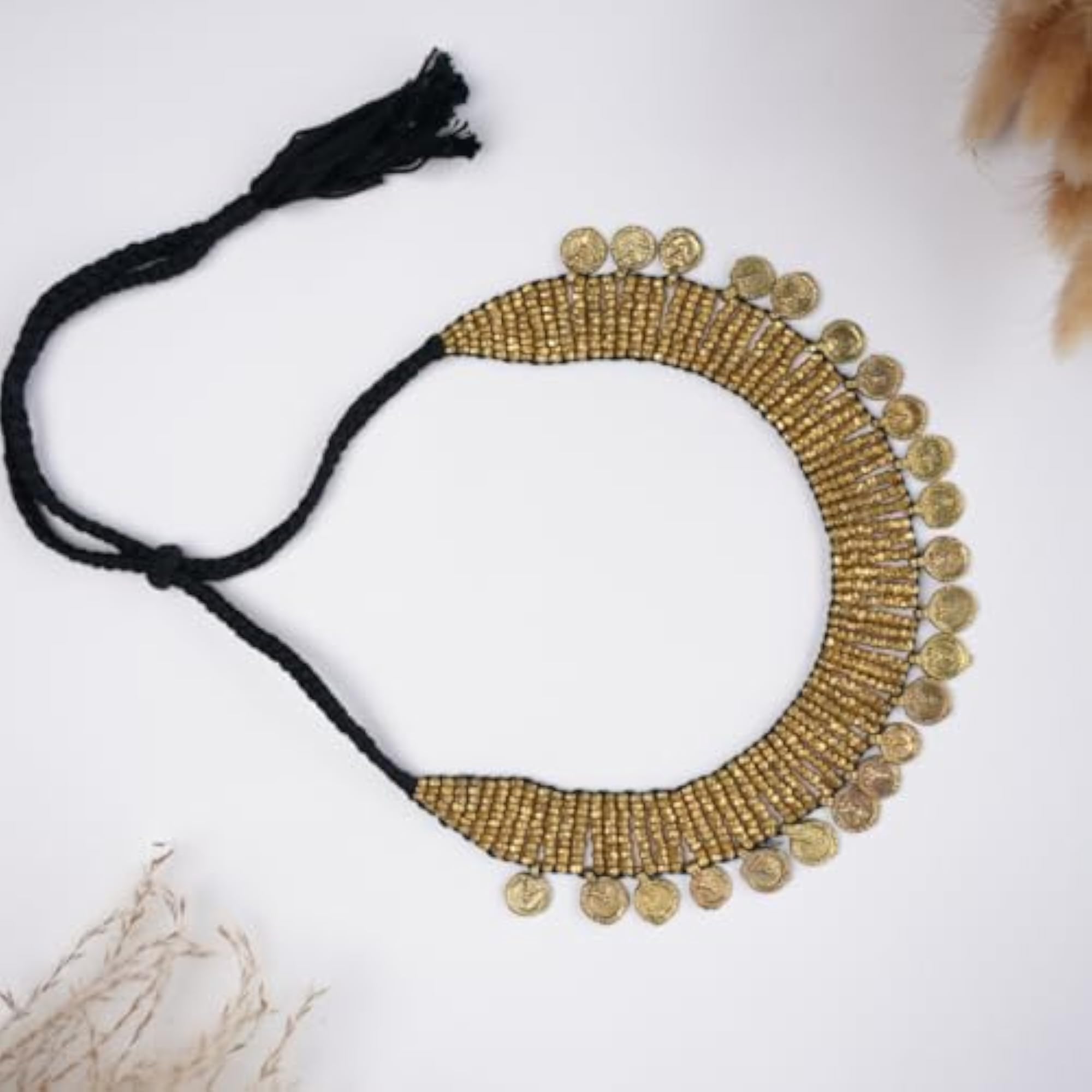 Vintage Brass Coin Necklace, Handwoven Design