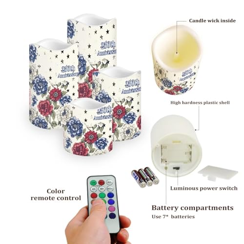 Image of 250th National Independence Day Battery Operated Candles Floral Print Fake Candle Remote Control 1776-2026 Flameless Candles Patriotic Decorations for Home, 4 Pack