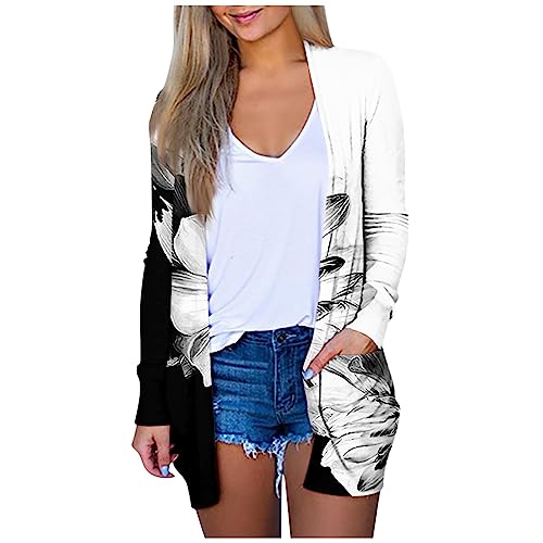 Women's Long Sleeve Cardigan Dressy 2025 Mid-Length Casual Shirt Floral Print Fashion Tshirt Trendy Coat with Pocket