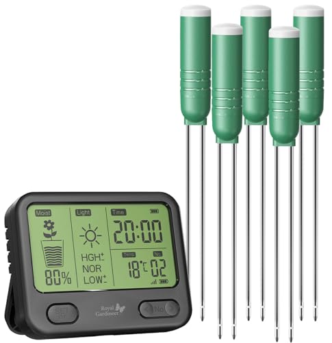 Royal Gardineer Feuchtigkeitsmessgeraet: 4in1-Funk-Boden-Feuchtigkeitsmesser-Set mit 5 Sensoren, innen & außen (Pflanzenbodenfeuchtemesser, Gartenfeuchtemesser, Topf)