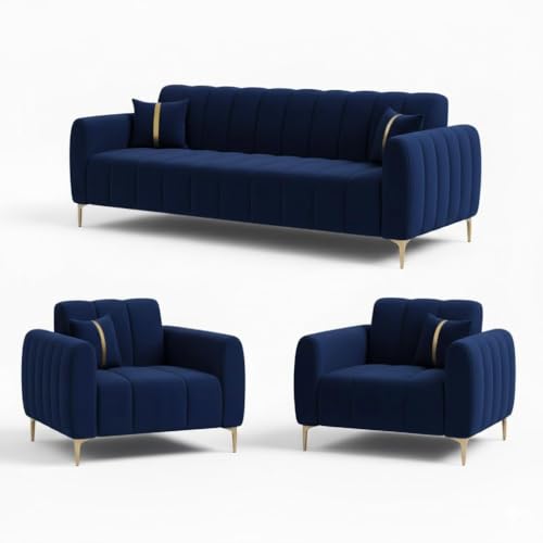 Image of FURNY Harmony 5 Seater Velvet Fabric 3+1+1 Sofa Set (Dark Blue) with Golden Finish Legs | Durable Comfort | Ideal for Living Room, Offices