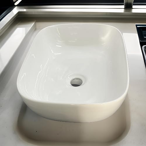 Image of SEA SHORE White Imported Ceramic Table Top Wash Basin - Slim Rim Vessel Sink for Bathroom & Living Room | 18 x 13 x 6 Inch (Bettel White)