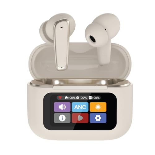 groov e Neo Buds True Wireless Earbuds - Sand - with Active Noise Cancelling and Smart Display, Screen, Clear Calls, Touch Control, 22 Hours of Playback