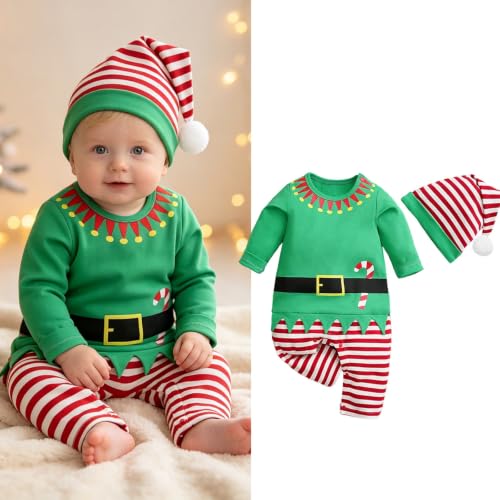 Baby Boys Xmas Elf Costumes Cotton Santas Helper With Hat Outfits Striped | Cosplay,Baby Boys Xmas Elf Costumes,Cotton Santas Helper With Hat Outfits,Striped,Chrismas,2026 Winter,Long Sleeve,Crew Neck - image 4