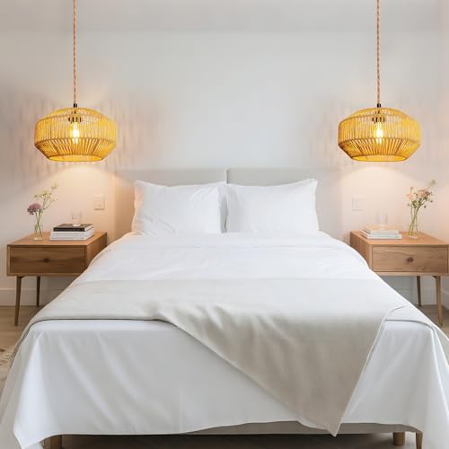 Image of Hanging Light Rattan Lamp Shades Boho Lamp Shades, Woven LampShades for Floor Lamps Rattan Pendant Lights Boho Lamp Light Table Lamps Plug in Pendant Light