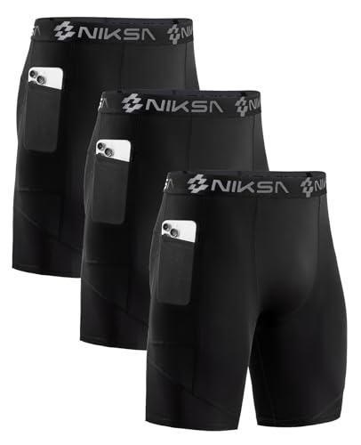 Image of Niksa 1 /2 Pack Mens Compression Shorts with Pocket, Performance Spandex Athletic Sports Workout Running Underwear Shorts