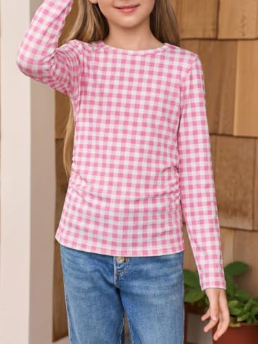 Image of Haloumoning Girls Long Sleeve Shirts Crewneck Ruched Side Slim Fit Tops Ribbed Knit Casual Tee Shirt 4-15 Years