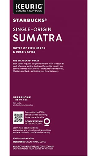 Image of Starbucks Coffee K-Cup Pods, Sumatra Single-Origin Coffee, Dark Roast Ground Coffee, Keurig Genuine K-Cup Pods, 32 Count (Pack of 4)